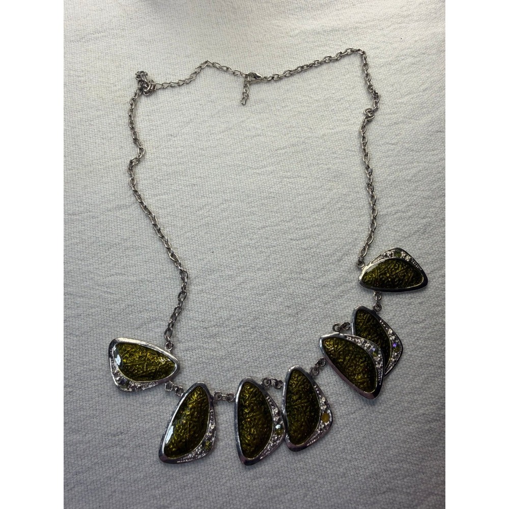 Silver Tone Olive Green Enamel Statement Bib Necklace Rhinestone Accent